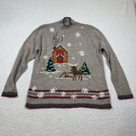 VTG Nut Cracker Christmas Mock Neck Sweater Womens L Reindeer Log Cabin Teacher - Picture 1 of 6